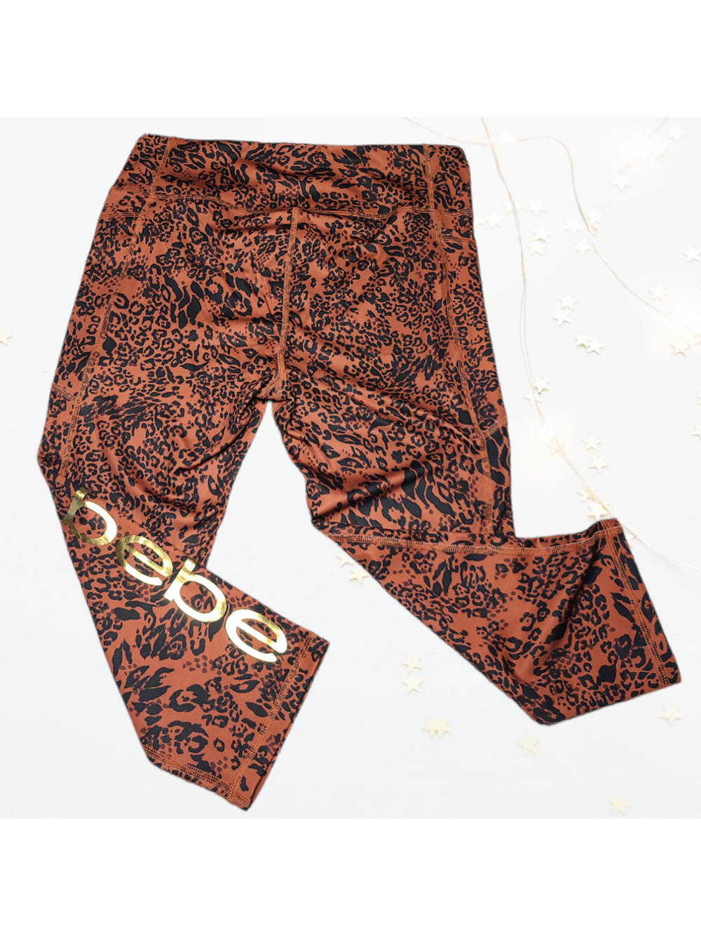 Bebe Logo Mocha Animal Print Activewear Capri Fashion Leggings ~ size Large, NEW